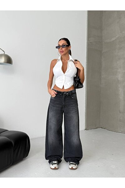 HerTon Φαρδύ γυναικείο τζιν παντελόνι από 100% βαμβάκι με χαμηλή μέση και φαρ...