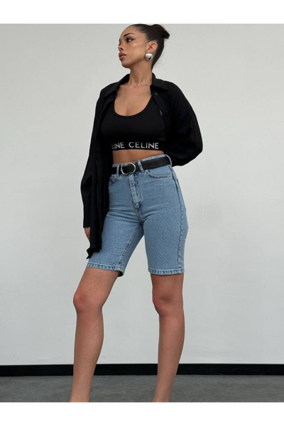 HerTon Kadın Yüksek Bel Jean Biker Şort – %99 Pamuk Uzun Kot Şort Diz Üstü To...