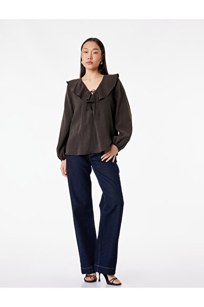 Koton Drawstring Flywheel Detailed Long Sleeve V-Neck Blouse