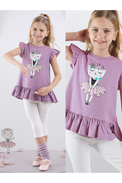 Denokids Floral Cat Girl Purple T-Shirt Tights Set