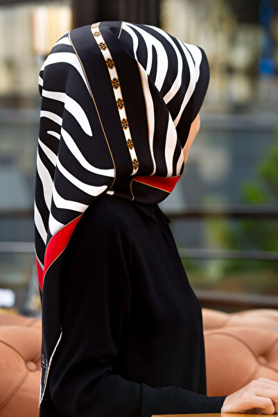 Vissona %100 Twill İpek Zebra Desenli Siyah - Kırmızı Renkli 90x90 Eşarp Kena...