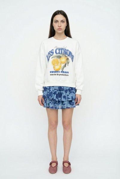 Quzu Limon Baskılı Bisiklet Yaka Oversize Sweatshirt Ekru