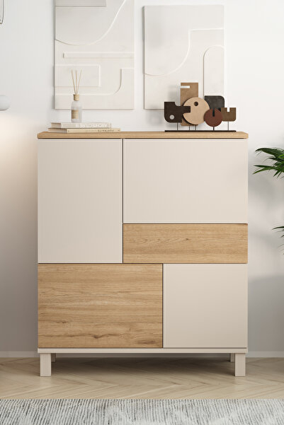 Yurudesign Mood Çok Amaçlı Dolap Ahşap Ayaklı 4 Kapaklı Çekmeceli Kumsal-Sepe...