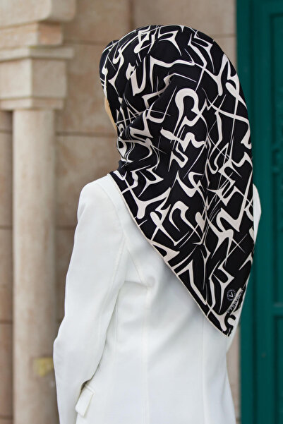 Vissona % 57 İPEK % 43 VİSKON Twill İpek Soyut Geometrik Desenli Siyah - Krem...