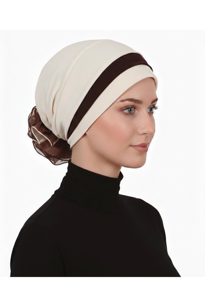 elysianfidan Layered Back Organza Rose Beige Brown Ready-To-Wear Turban Hijab Bonnet Suitable for Medical Use