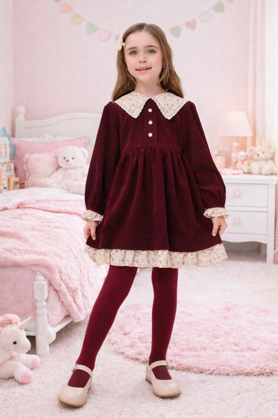 SUZIE Rochie Fetițe Catifea Raiată Burgundy – Model Pollyanna, Guler Floral, ...