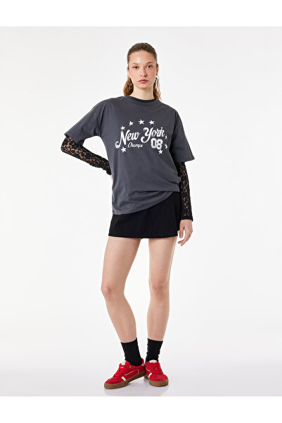 Koton Βαμβακερό μπλουζάκι με κοντό μανίκι με λαιμόκοψη με τύπωμα