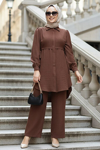 N.S NEVA STYLE Düğmeli Kahverengi Tesettür İkili Takım 68351KH