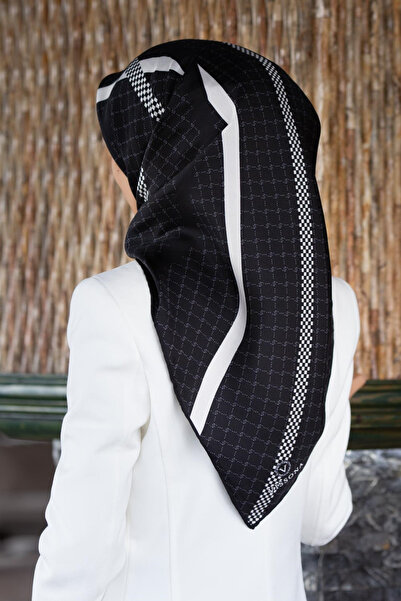 Vissona %57 İPEK %43 VİSKON Twill İpek Monogram Ve Şerit Desenli Siyah - Krem...