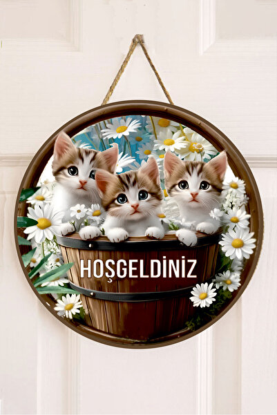 MARNELLO CONSEPT "Hoş Geldiniz" Kapı Süsü - Sevimli Kediler ve Papatya Desenl...