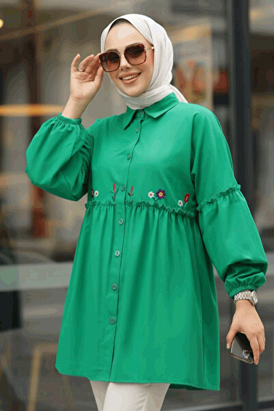 Neva Style Πράσινο Κέντημα Μοτίβο Hijab Tunic - 40603Y