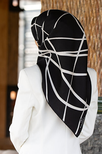 Vissona 57% Silk 43% Viscose Twill Silk Striped Patterned Black - White Color...