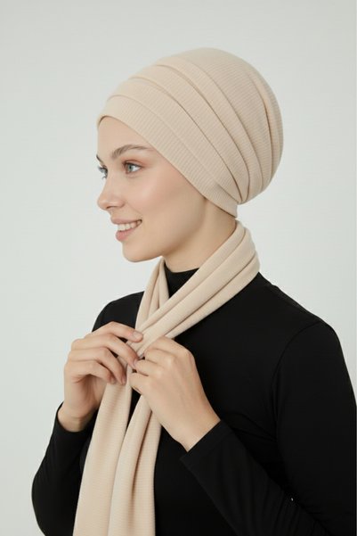 elysianfidan Corded Fabric Combed Cotton Binding Beige Ready-To-Wear Turban Hijab Bonnet Suitable for Medical Use