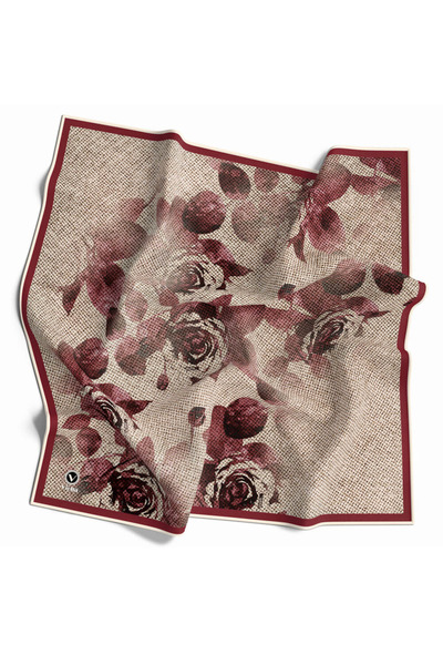 VİOLLA Twill Gül Desenli Bordo Renkli 90x90 Eşarp (İpek İçermez) Kenar Dikiş ...