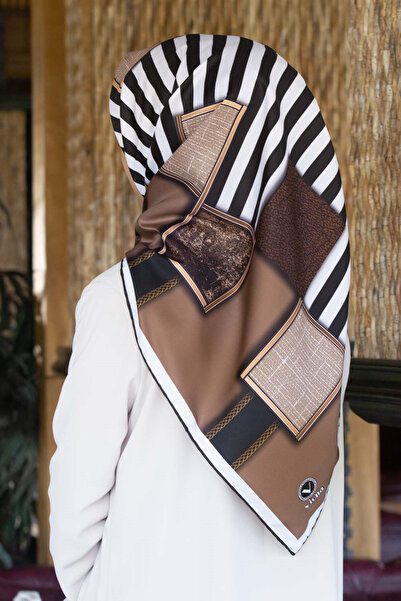VİOLLA Twill Geometrik Ve Çizgili Desenli Taba Renkli 90x90 Eşarp (İpek İçerm...