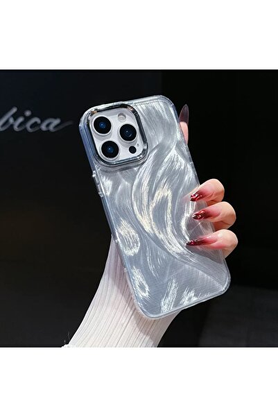 EDELFU iPhone 15 Pro Max Gümüş Renk Tüy Desenli Yanları Silikon Darbeye Dayan...