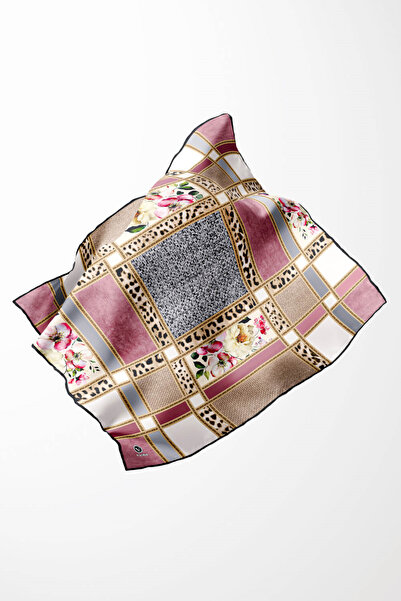 VİOLLA Twill Leopar ve Çiçek Desenli Pudra - Gri Renkli 90x90 Eşarp (İpek İçe...
