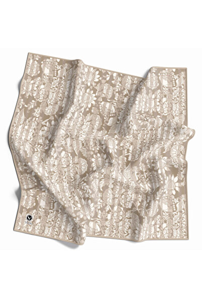 VİOLLA Twill Batik Şal Desenli Bej Renkli 90x90 Eşarp (İpek İçermez) Kenar Di...