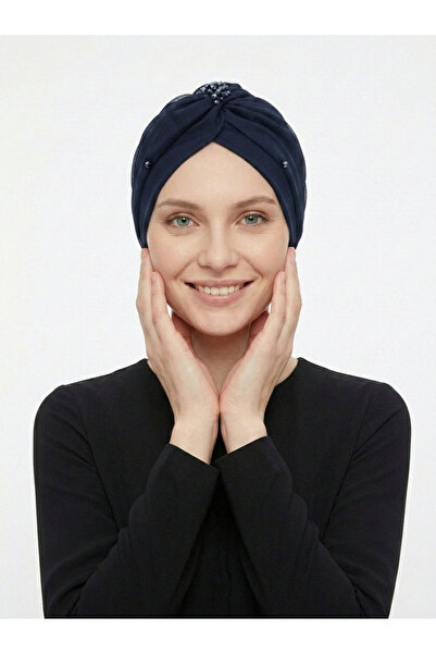 elysianfidan Kristal Tüllü Astarlı Lacivert Hazır Türban Tesettür Abiye Bone ...