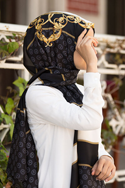 Vissona %100 İpek Monogram Ve Varak Desenli Siyah - Gold Renkli 92x210 Şal