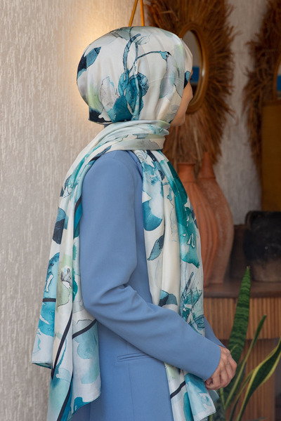 Vissona 100% mătase acuarelă model flori albastru petrol - verde mentă șal 92...