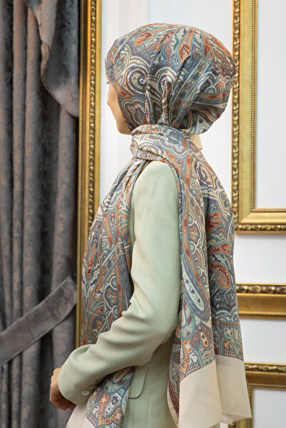 Vissona شال حريري 100% بنمط عرقي بلون بني حليبي مقاس 92×210