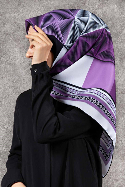 VİOLLA Twill Geometrik Desenli Lila - Krem Renkli 90x90 Eşarp (İpek İçermez) ...