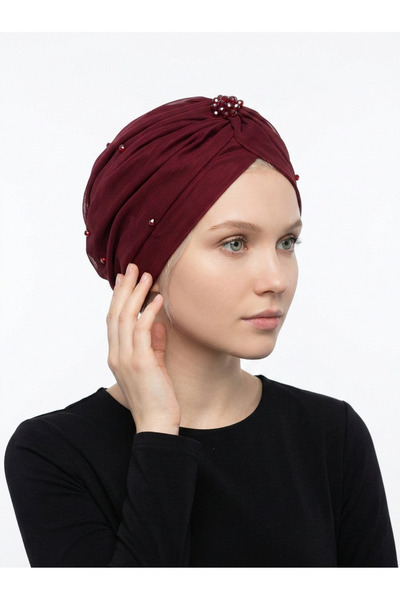elysianfidan Βραδινό καπό φόρεμα Hijab Claret Red Ready Turban με επένδυση απ...
