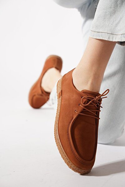 Moda Pie Yerna Lastik Bağlı Kadın Hakiki Deri Ayakkabı Taba Süet