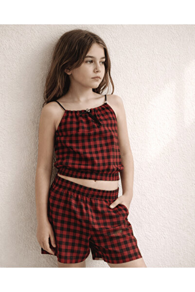 woorage cuties Girl's Gingham Patterned Suspender Crop Shorts Two-Piece Set