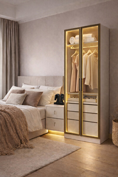 eos mobilya 3 Çekmeceli Takılık Modüllü Sensörlü Ledli Gardırop 100x59x218 cm...