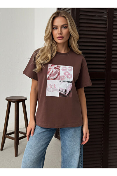 DAME Γυναικείο μπλουζάκι OVERSIZE με ροζ στάμπα από οργανικό βαμβάκι