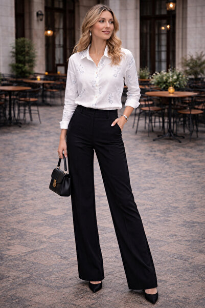 ŞIK VE MUTLU Flower Embroidery Raw K Linen Premium Women's Shirt