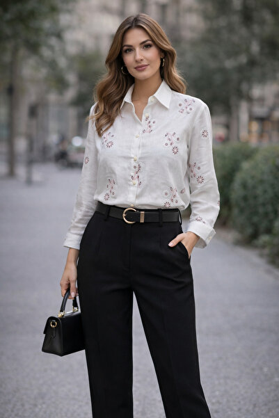 ŞIK VE MUTLU Flower Embroidery Raw K Linen Premium Women's Shirt