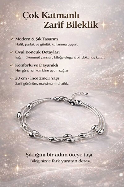 PAWNEST سوار فضي اللون متعدد الطبقات بسلسلة رفيعة - تفاصيل خرز بيضاوية، تصميم...