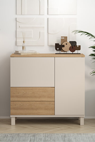 Yurudesign Mood Çok Amaçlı Dolap Ahşap Ayaklı 2 Kapaklı 2 Çekmeceli Kumsal-Se...