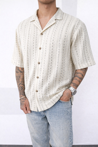 İLKCET MODA Patterned Ecru Linen Knitted Men's Shirt