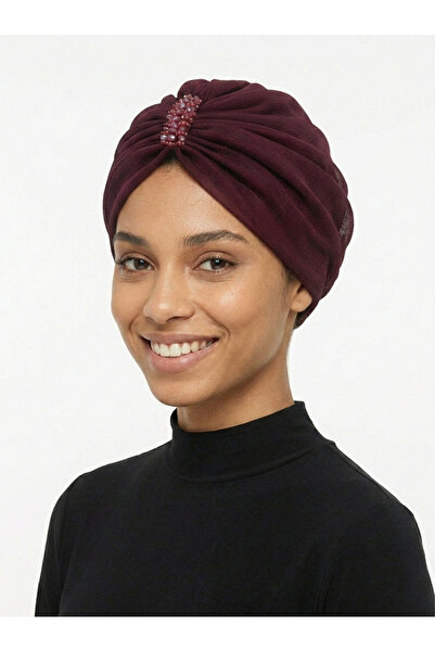 elysianfidan Dizayn Tüllü Kristal Taş İşlemeli Çift Taraflı Astarlı Bordo Haz...