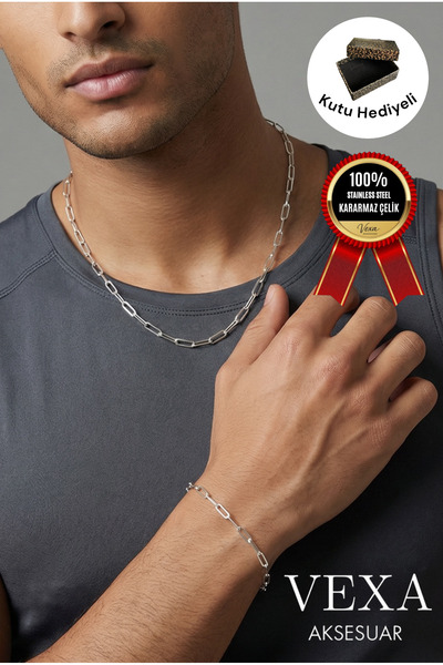 Vexa Aksesuar Kararmaz İthal Çelik Ataç Model Zincir Kolye & Bileklik Set – Ö...