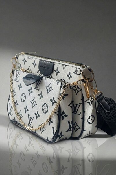 Women's White Leather Mix Pattern 3-Piece Hand Shoulder and Crossbody Bag