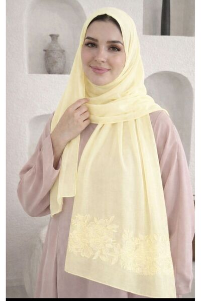 Veil Designer Two-layered lemon yellow hijab with rose embroidery on both end...