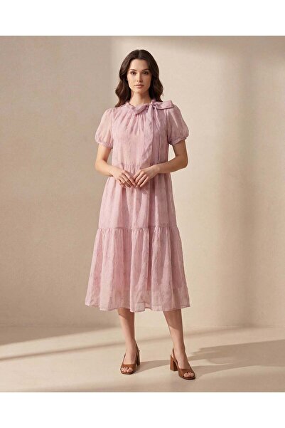 REDTAG فستان ميدي قصير الأكمام باللون الوردي الفاتح للنساء