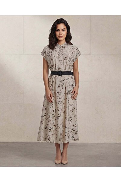 REDTAG فستان ميدي نسائي مطبوع متنوع بأزرار أمامية وحزام