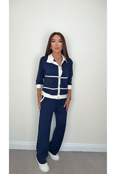 DİDEM GÜLTAKTI Zemira Women's Navy Blue Suit with Gold Studs and Stripe Detail