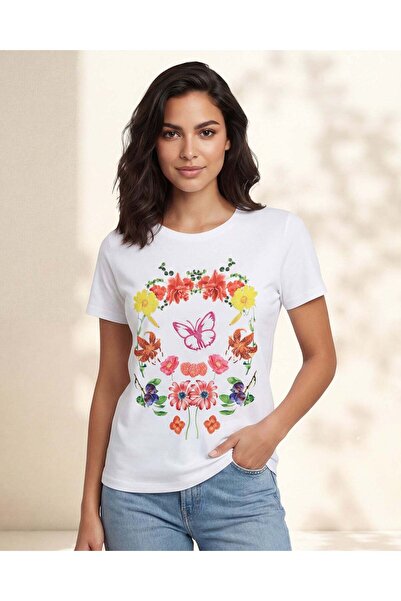 REDTAG تيشيرت نسائي أبيض مطبوع قماش إنترلوك