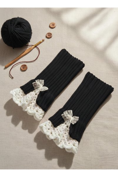 Innovate Store Black Hand Knitted Lace Fingerless Gloves Women's Lace Detailed Bohemian Stylish Hand Wrist Accessory
