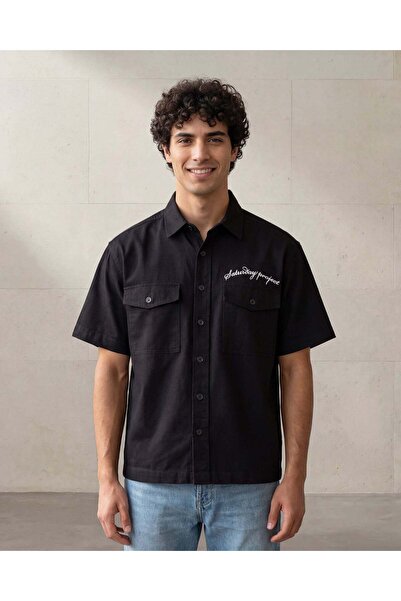 REDTAG Men Black Embroidered Short Sleeve Shirt