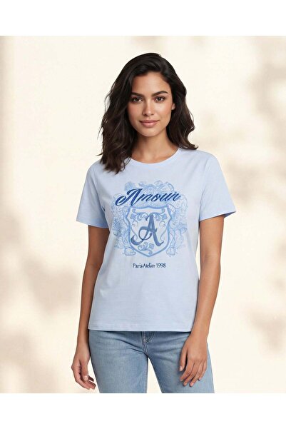 REDTAG Women Blue Printed Embroidered T-Shirt