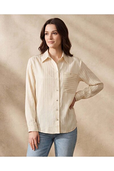 REDTAG Women Cream Lurex Striped Button Front Shirt