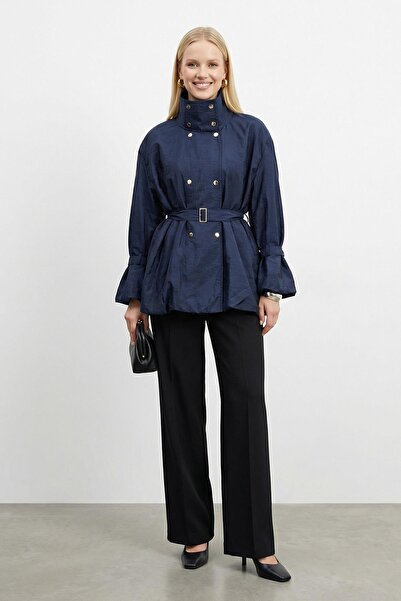 Soul Women's Stand Collar Waist-Tie Design Jacket – 32469Ckt - Navy